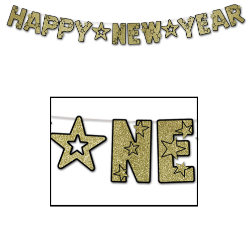 BANDEROLES SCINTILLANTES HAPPY NEW YEAR 8 ½" X 8' 6"' - NOIR &OR - PAQUET DE 12