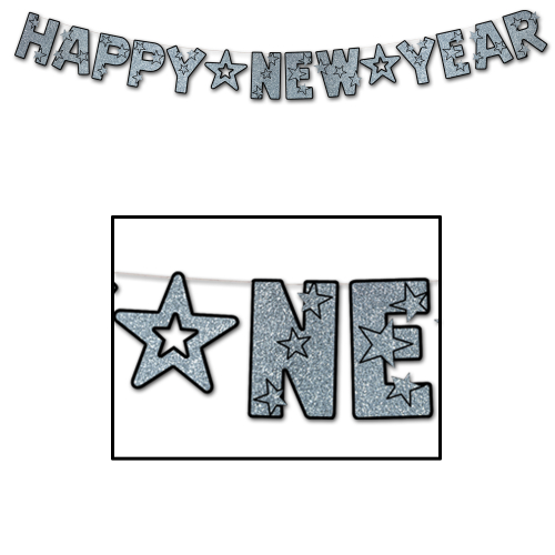 BANDEROLES SCINTILLANTES HAPPY NEW YEAR 8 ½" X 8' 6" - NOIR &ARGENT - PAQUET DE 12