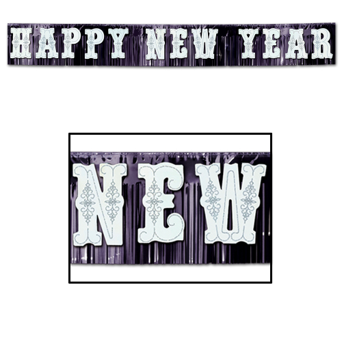 BANNIERES METALLIQUES HAPPY NEW YEAR 20" x 15' - NOIR &BLANC - PAQUET DE 4